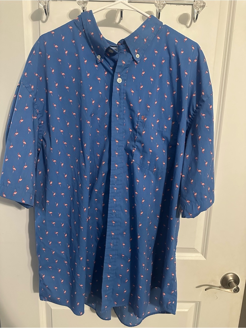 Izod Blue Short-Sleeve Button-Down Shirt with Pink Flamingo Print